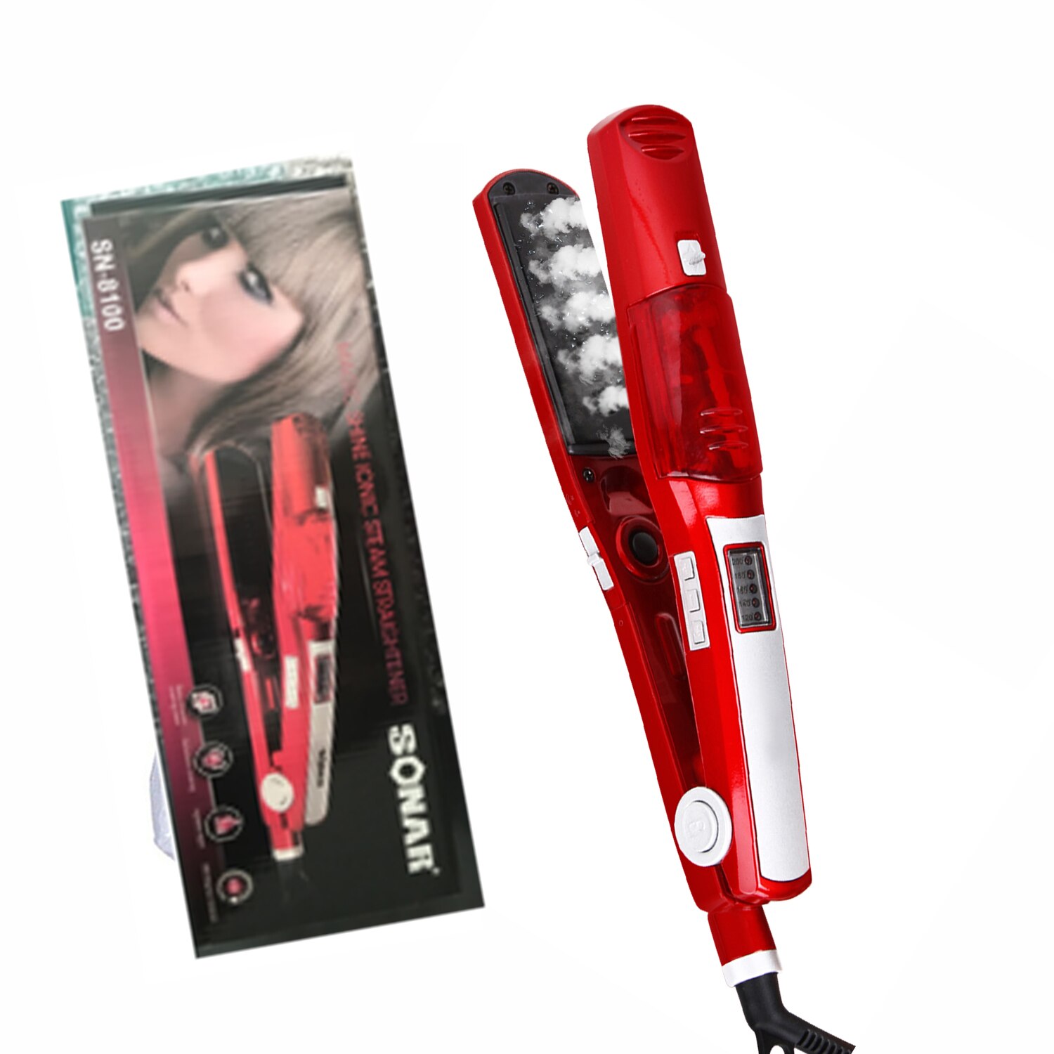 Steam Flat Iron Hair Straightener Hair Curler Titanium Ceramic Hair Straighting Curling Iron Hair Care Styling Tool: red with box / EU