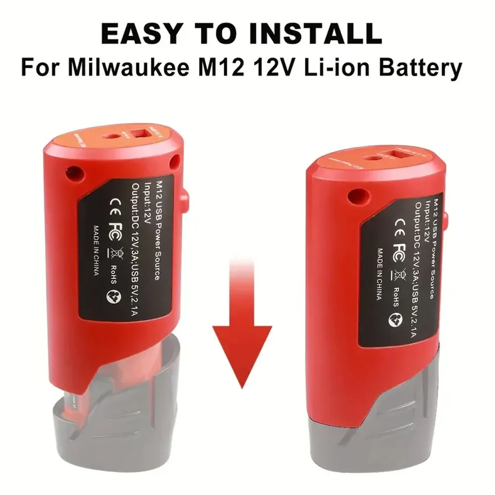 Removable Power with 2.1A USB Port and DC 12V for Milwaukee 12V Lithium Ion Battery Charger Adapter N12Charger USB Power Adapter