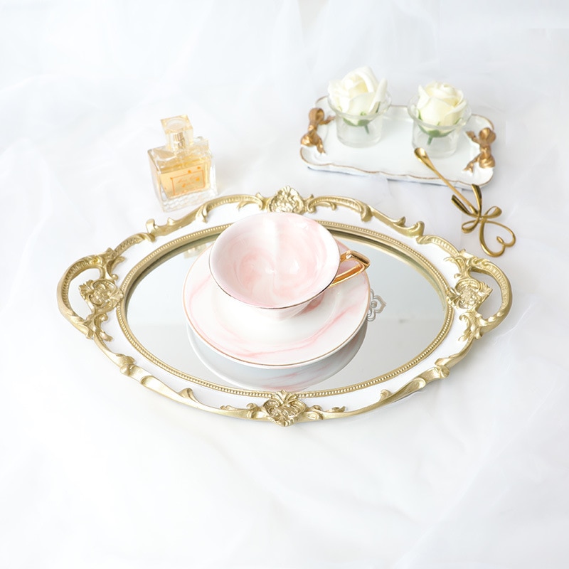 Spejl glas cupcake tallerken vintage udskåret harpiks ring fad kosmetik makeup arrangør smykker opbevaring dekorative bakker