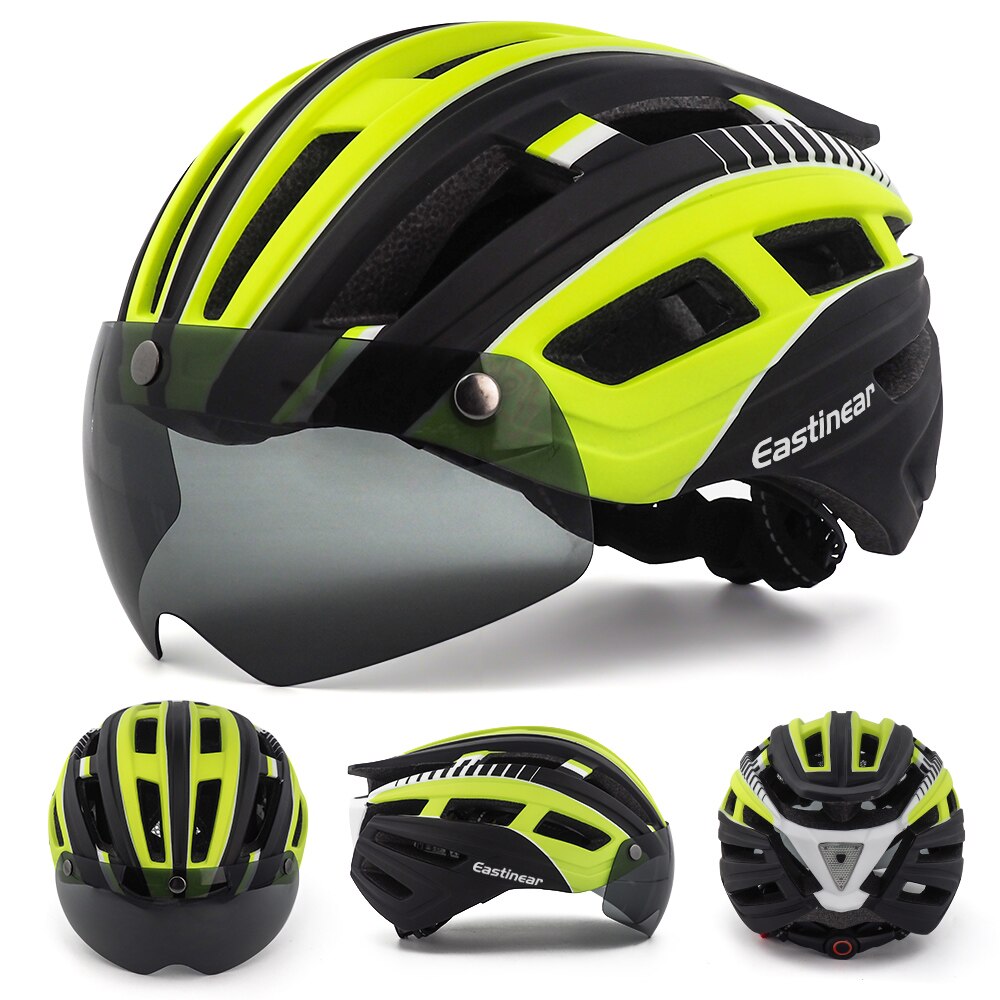 Fahrrad Helm Erwachsene Männer Frauen mit Magnetische Brille Sonnenblende Fahrrad Helm mit Hinten Led Licht Einstellbar für Rennrad radfahren: HT22-BlackYellow