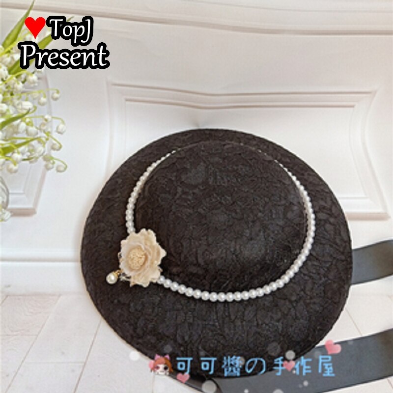 Lolita Hanyang eclectic hat retro linen flat hatGorgeous Hand made hat Ming Hanfu pearl bandage: black 2