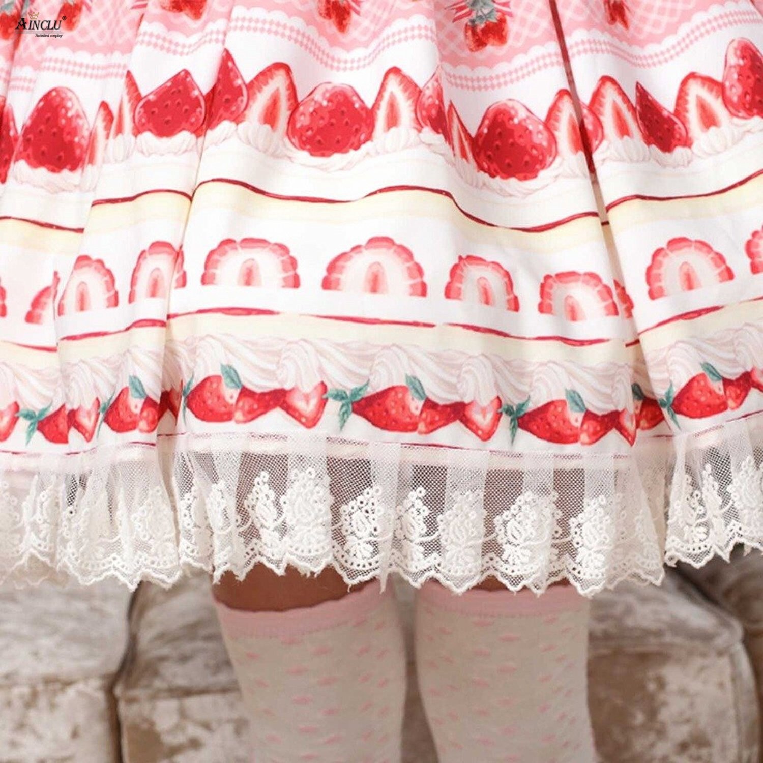 Kvinners kjæreste jordbærtrykte lolitaskjørt rosa polyester blondere prinsessefest fersk lolita puffskjørt