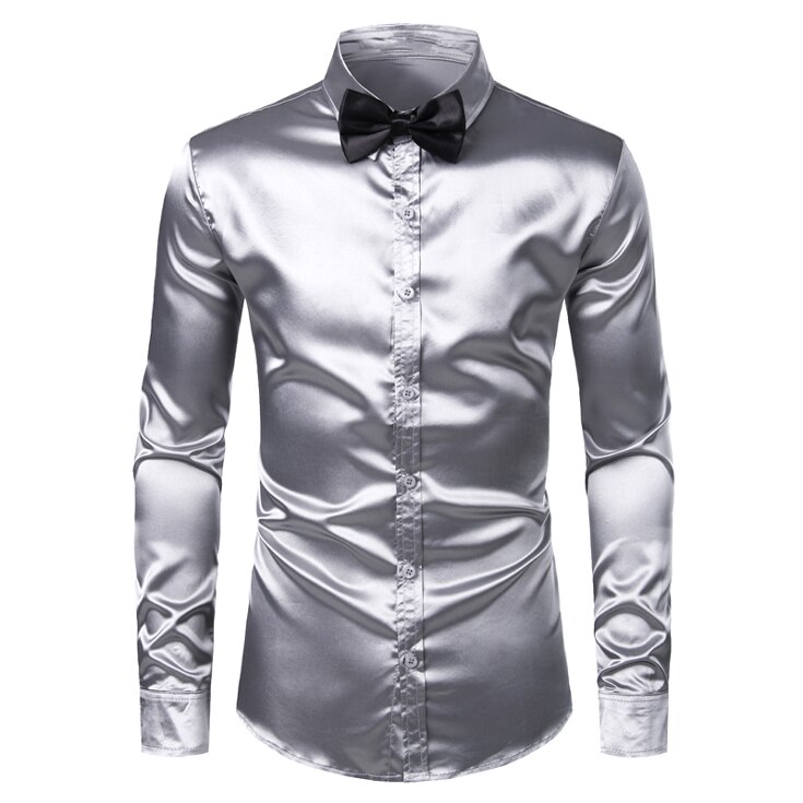 Heren zilverkleurige zijden satijnen overhemd met stropdas, slim fit overhemd met knoopjes, casual overhemd voor heren, feest, bruiloft, gala, podium, chemise: 2 / Amerikaanse maat xxl