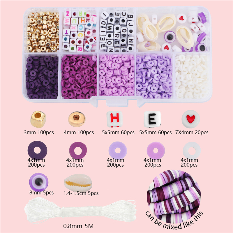 10-Gitter-Kasten-Perlen-einstellen, Polymer-Tonne, Acryl, Buchstaben-Rocailles, Schmuckherstellungsset, elastische Kordel für Mädchen und freundlicher, DIY-Armbinde: Lila