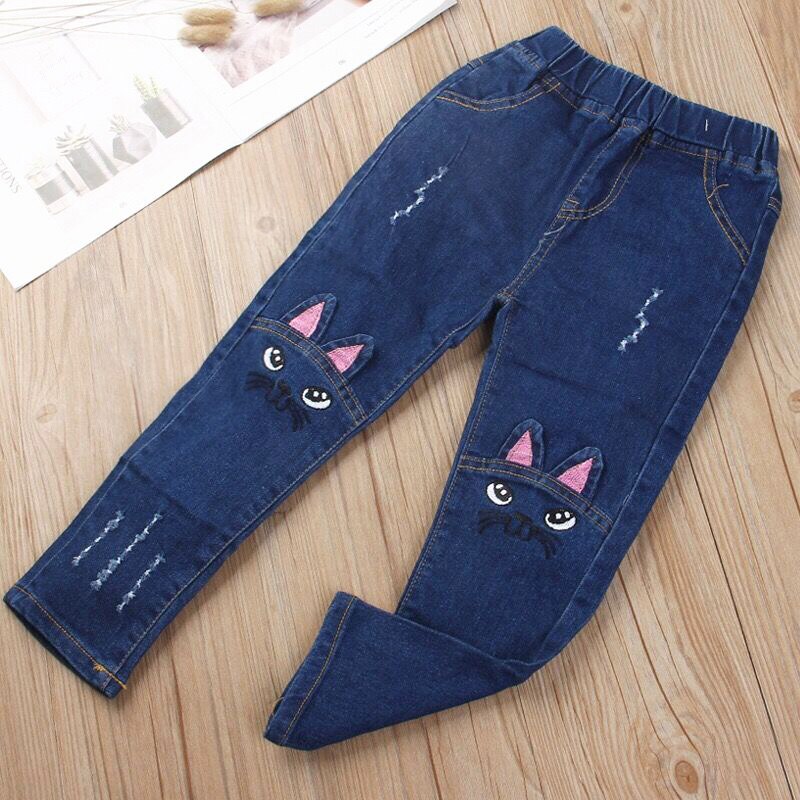 Pantalon en jean déchiré pour fille, vêtement décontracté, chat mignon, pour enfant de 2 à 12 ans, printemps et automne