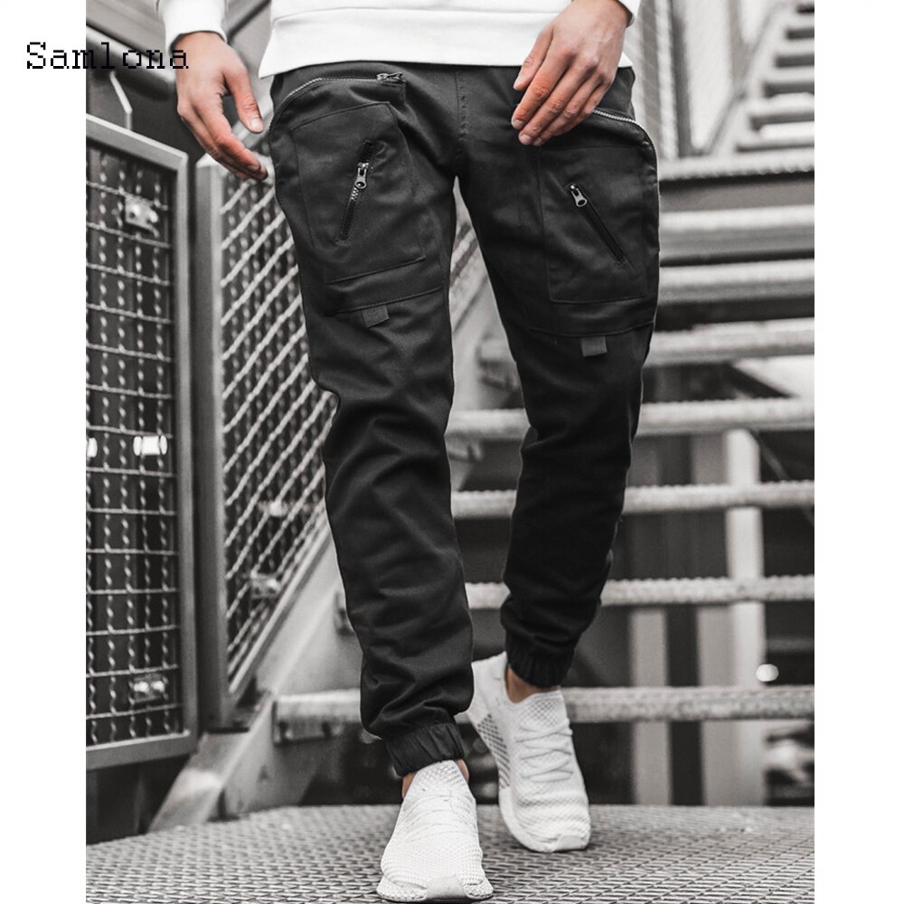 Fritid cargo bukser lommer glidelås bukser menn sommer sport hip hop jogger bukser herre fritids joggebukser streetwear: M / Svart