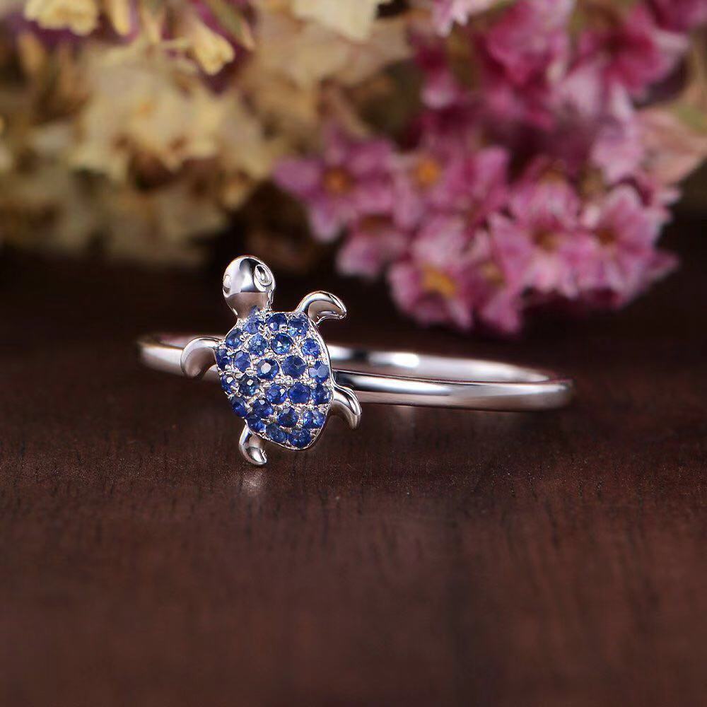 Anillos tortuga con incrustaciones de circonita azul a la para mujer anillo de boda Vintage tortuga Animal anillo océano playa joyería: 8