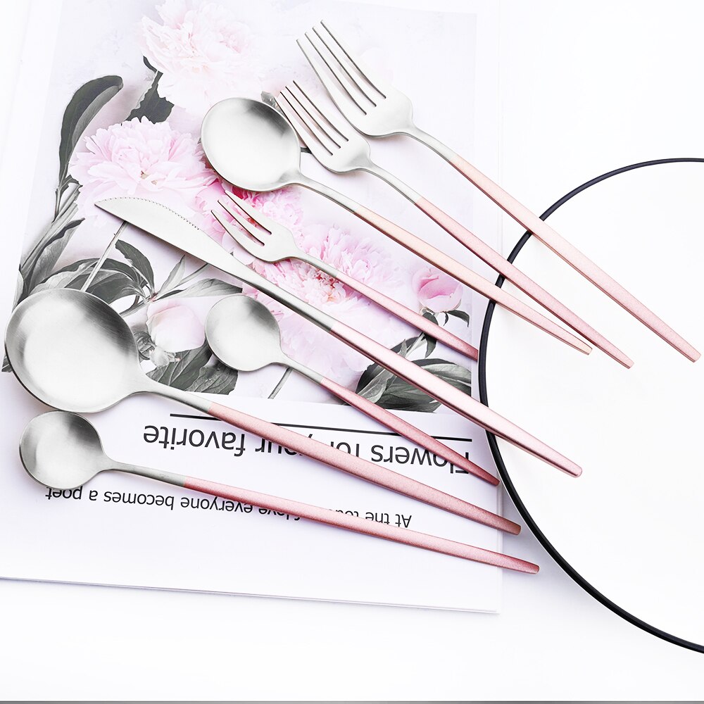 Matte Pink Silver Dinnerware Set Stainless Steel Tableware Silverware Knife Fork Spoon Cutlery Set Flatware Set Dishwasher Safe