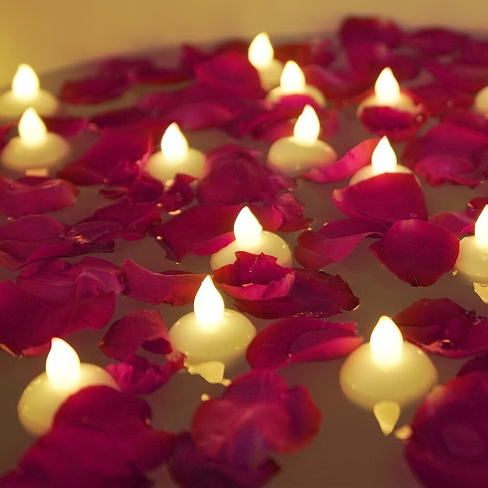Velas LED con 100 piezas de pétalos de rosa artificiales, luces de té con batería, para propuesta de boda, Día de San Valentín, decoración del hogar, 24 piezas: Floating