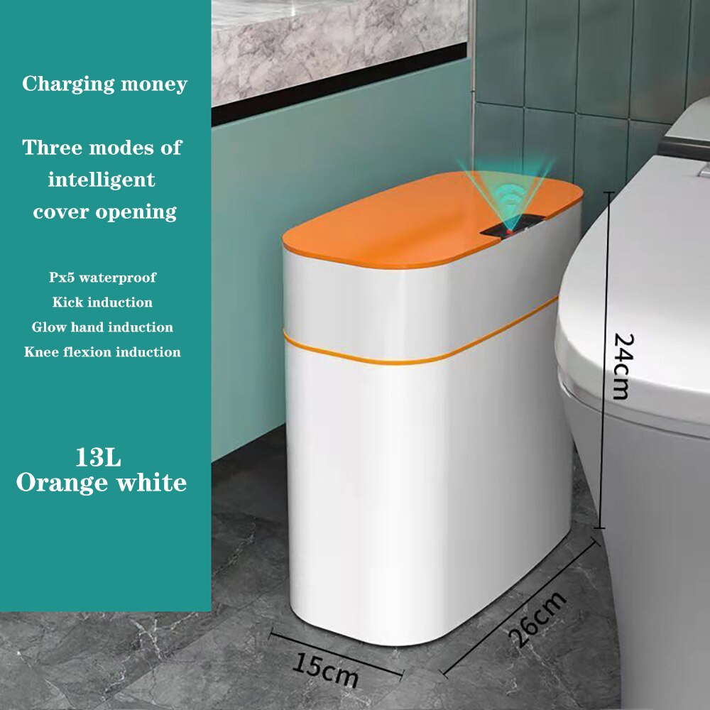 16L Intelligent Trash Can Smart Sensor Dustbin Electric Automatic Rubbish Can USB Waterproof Dustbin Home Induction Garbage Bin: 13L orange