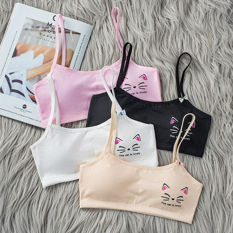Girl Bra Cartoon Cat Pattern Vest Base Tube Top Cotton Wireless Comfort Bra Sports Bra 8-16 Years Old Training Bra: random color