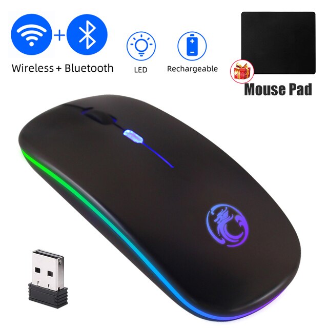 RGB Light Bluetooth Wireless Mouse Silent Rechargeable For Android PC Computer Macbook iPad Backlit Mice Laptop Accessories: Bluetooth Black