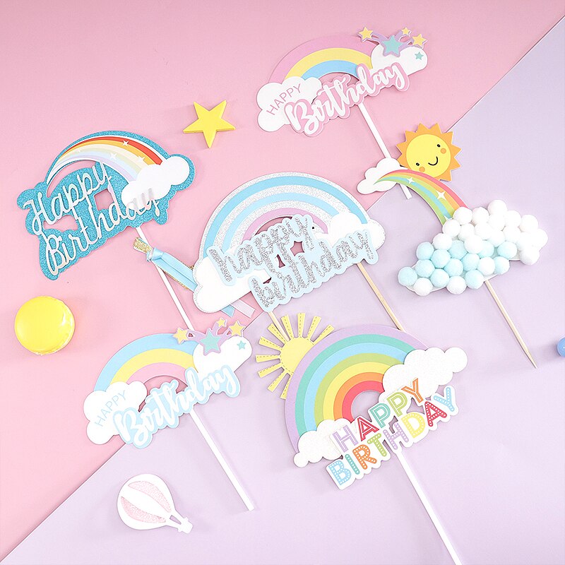 Cakelove Happy Birthday Cake Topper Cute Rainbow star sun Cloud Happy Birthday Cake Topper Flag Party Dessert Decoration Flags