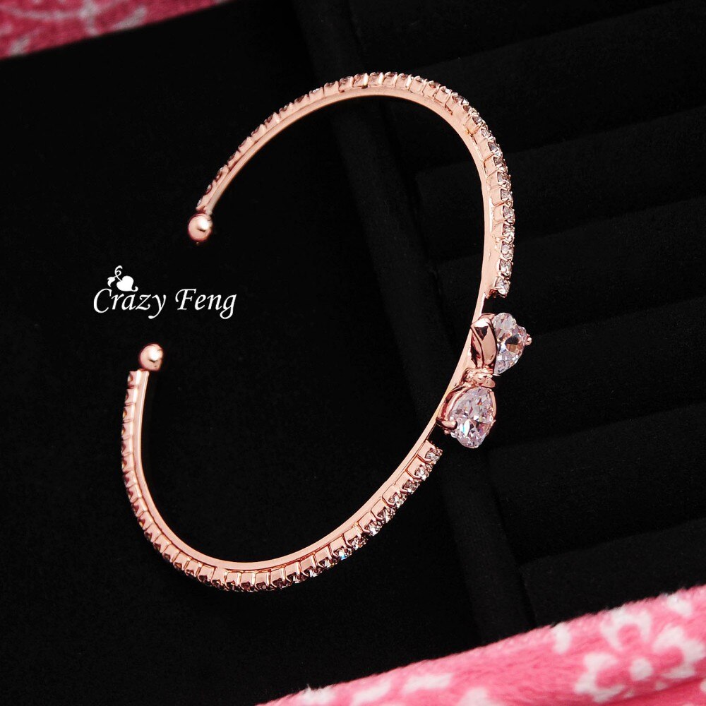 CZ Crystal Bowknot Charms Bracelets & Bangles for Women Rose Gold Color Wedding Party Bangles Jewelry pulseira feminina