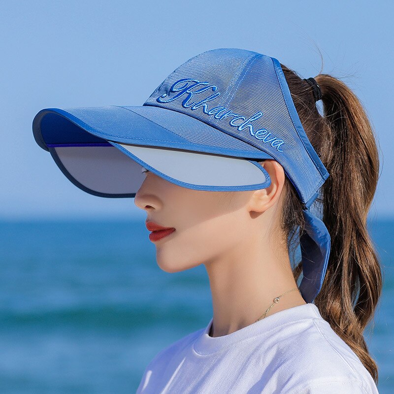 Hat Female Pull Board Sun Hat Sun-Proof Face Cover UV Protection Korean Wide Brim Cycling Sun Topless Hat Summer: Sapphire