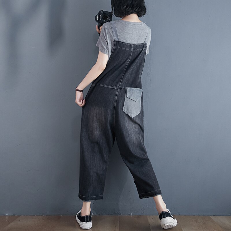 Ropa de calle gris negro mujer mono mezclilla holgada oversize rasgada Mom Jeans monos camal ancho Patchwork bolsillo Correa pantalones holgados