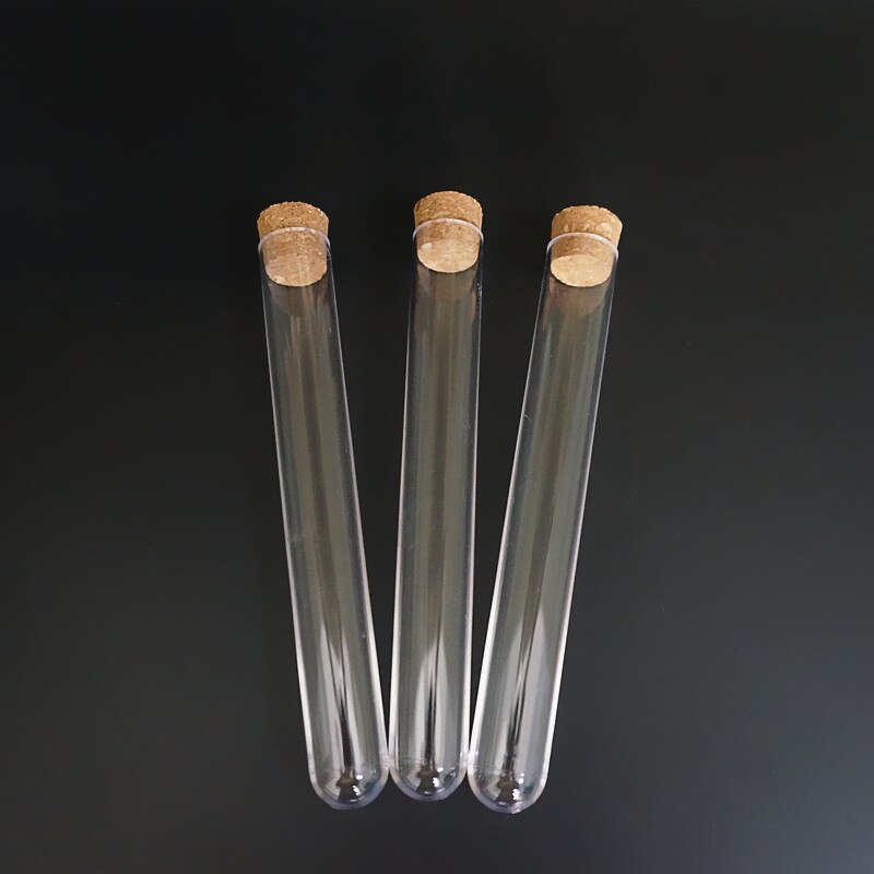 100 stk / lot 20 x 150mm reagensglas af plast med korkpropp til venlige laboratorieeksperimenter og test