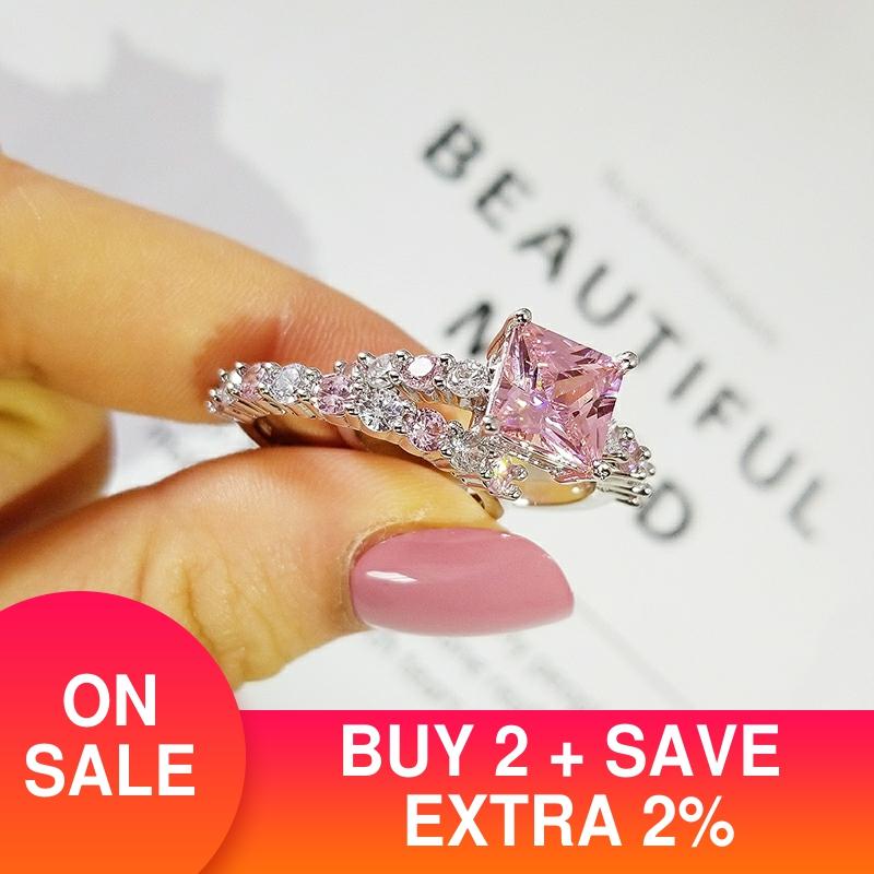 luxury pink princess 925 sterling silver wedding ring set for women lady anniversary jewelry R5173