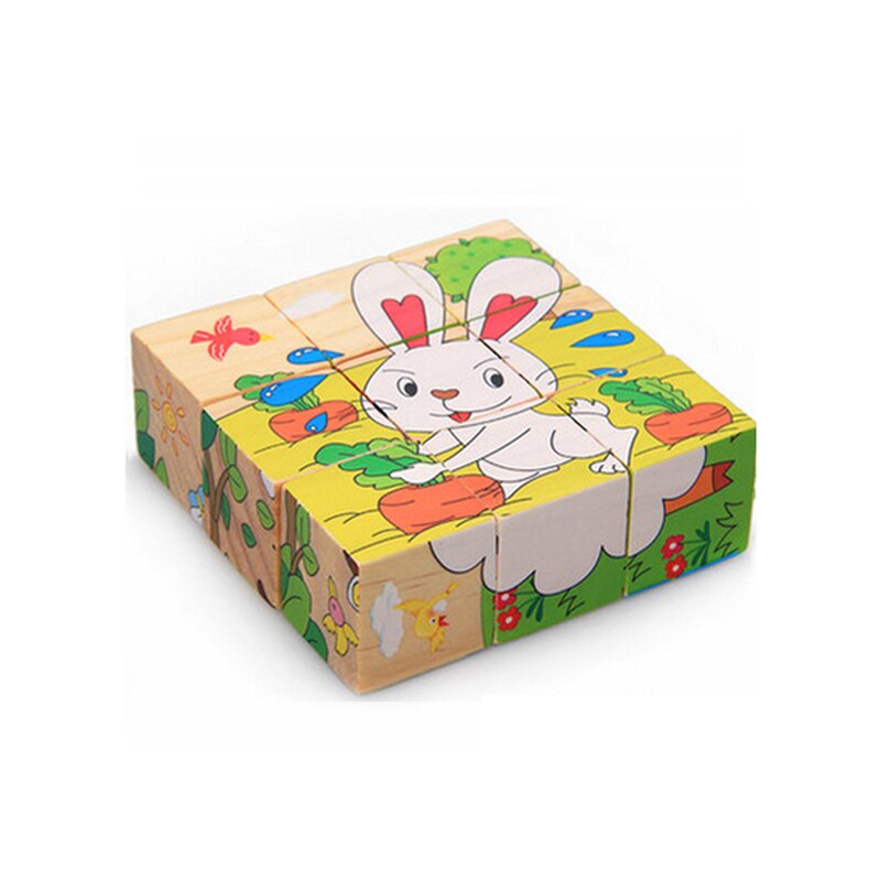 High Grade Six-face Picture Wooden Jigsaw 3D Puzzle Toys Children's Early Educational Toy Cube Jigsaw Puzzle Baby Kids: Farm animals-Rabbits