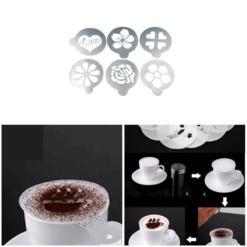 6 stuks/set koffiesjablonen plastic melktaart cupcake sjabloon barista cappuccino latte print bloem model spray decoratie