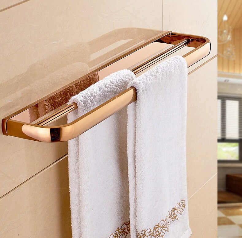 Rose Goud Kleur Messing Vierkante Badkamer Accessoires Handdoek Plank Houder Toiletrolhouder Wall Mounted Bad Hardware Sets: Double Towel Bar