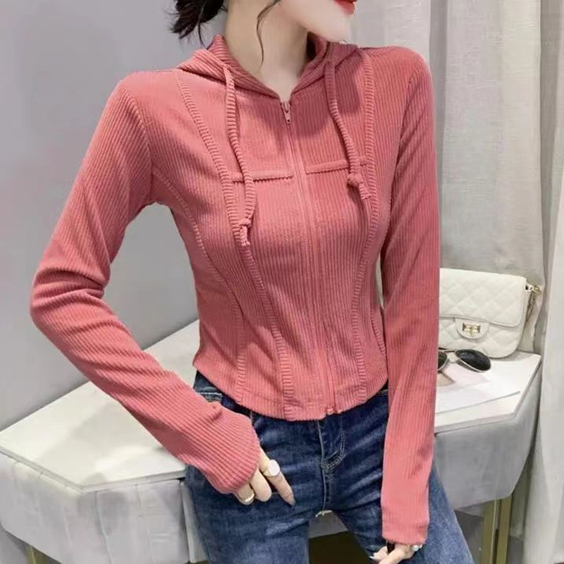 Spring Autumn Slim Patchwork Zipper T-shirt Lady Long Sleeve Solid Color Hooded Top Women Casual All-match Cardigan Tees