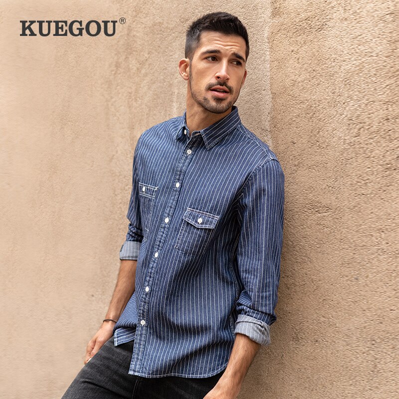 Kuegou 100%  bomuldstøj forår efterår mænds shirtsstribede mænd langærmet top plus størrelse bc -20510