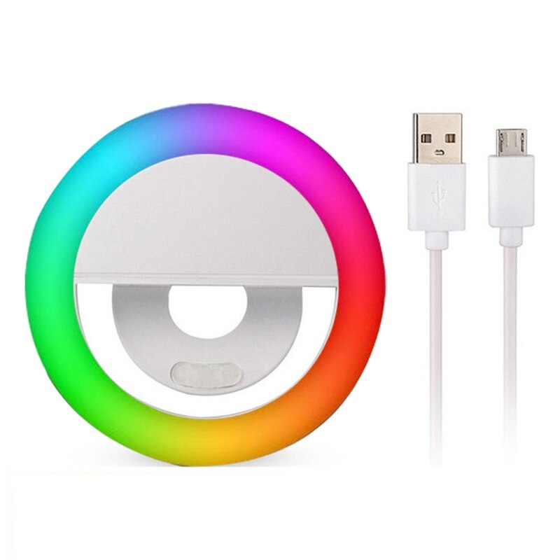 Universal selfie ring lys rgb farverig lampe mobiltelefon linse bærbar flash ring farve led lys ring til mobiltelefon live: Hvid