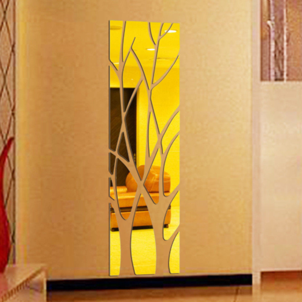 Spejl stil akryl mærkat 3d træ kunst vægmaleri væg klistermærke hjem hotel indretning: Guld