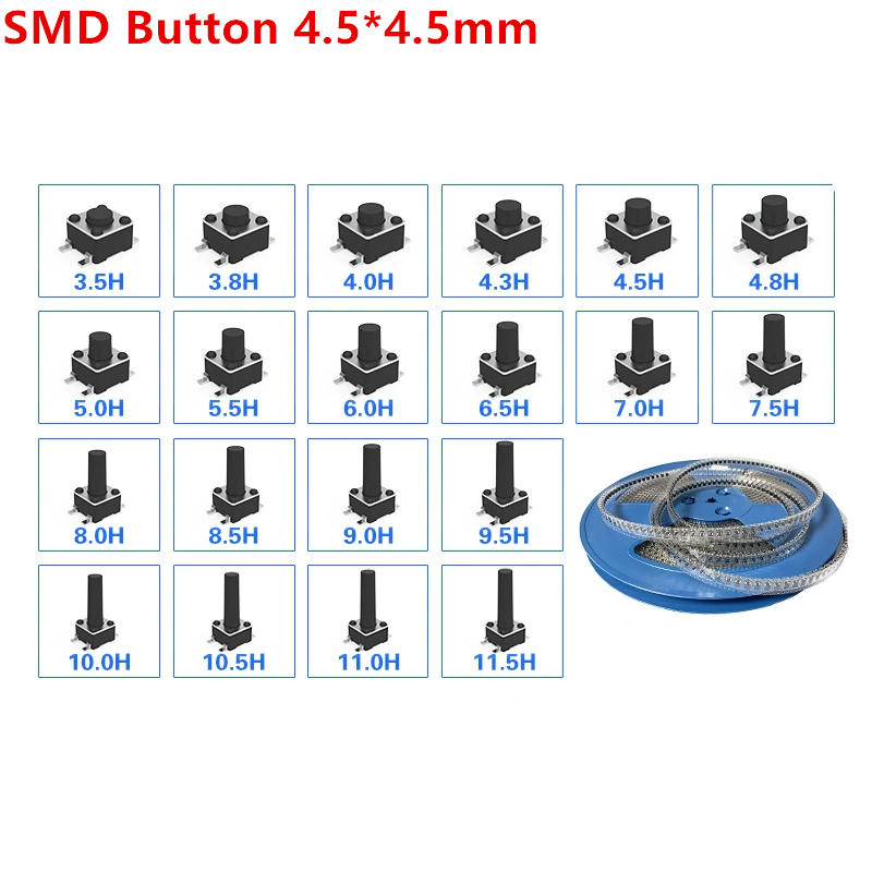 20 piezas, 4,5x4 5 interruptor de botón SMD 4,5x4,5x3 interruptor táctil de 8 luces, 4,5x4,5x3,5/3,8/4/4. Interruptor de alimentación de 4 pines, 5 MM, 5 MM, 6 MM, 7 MM, 8 MM, 9 MM, 10MM