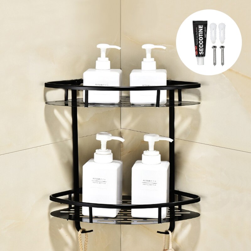 Estantes colgantes para baño, organizador de 2 capas, estante de esquina, soporte para champú sin perforaciones, estante de almacenamiento, cesta de inodoro: A-Black 2 layers