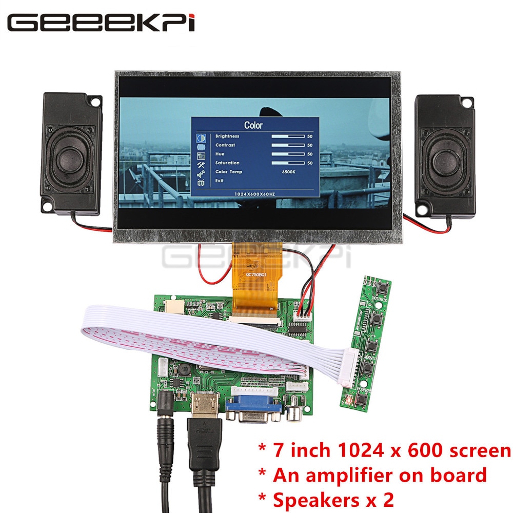 GeeekPi, pantalla LCD de 7 pulgadas 1024*600, Kit de pantalla con amplificador, 2 uds., altavoces para Raspberry Pi 4 B, todas las plataformas y PC