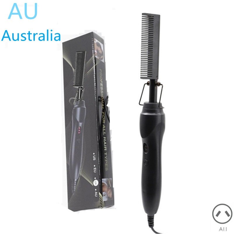Plattång elektrisk lockig kam plattång borste snabbt kam hår rakt 2 in 1 korrugering lockar strykjärn: Australien svart