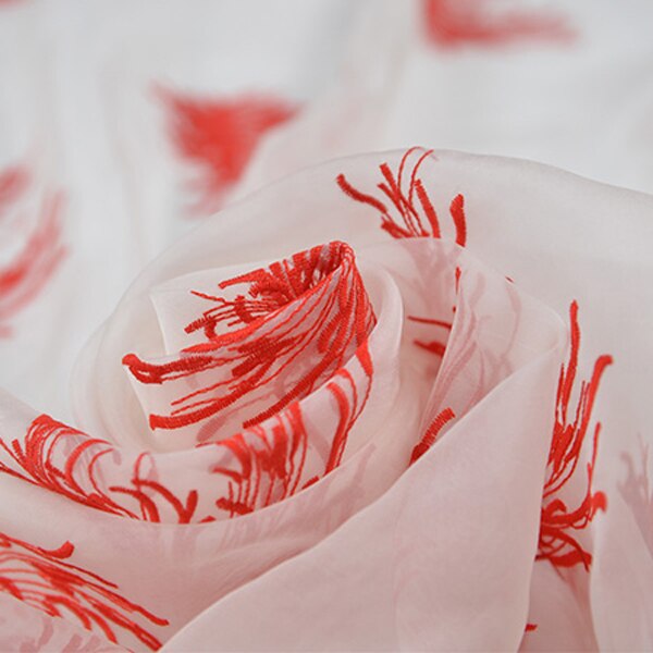 Orange floral embroidery pure silk organza fabric background transparent,SFF199