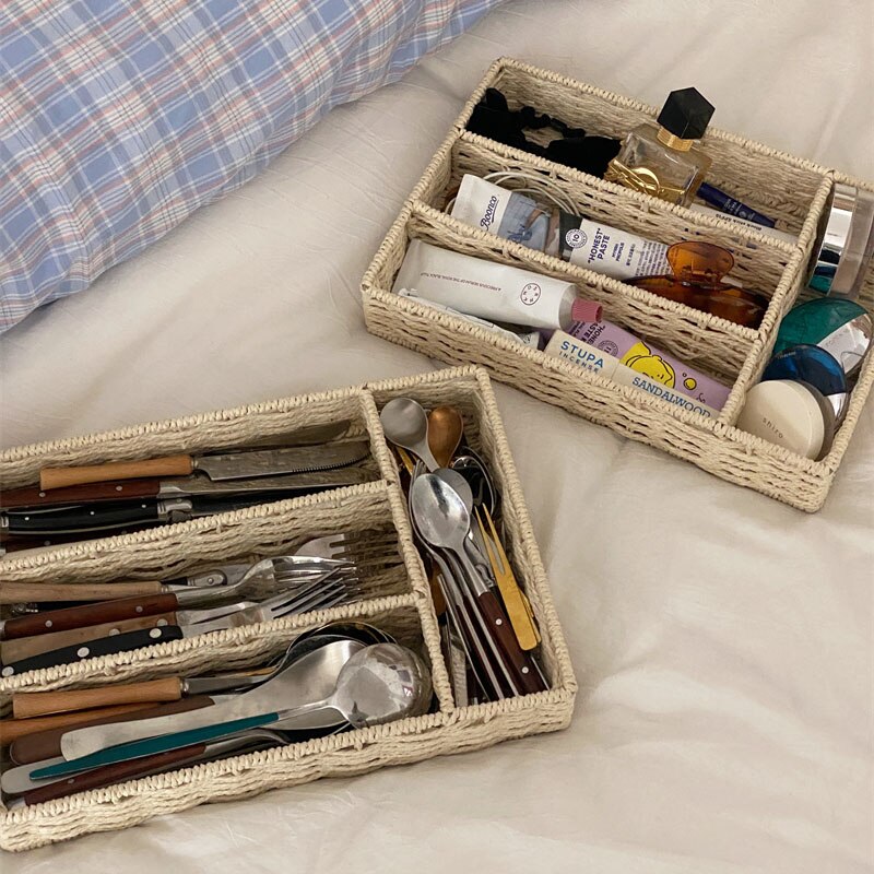 Tableware Storage Box Ins Large Capacity Bedsides Organizer Rattan Multifunction Home Kitchen Bar Storage Box 정리함