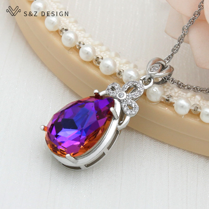 S & Z uco-Collier pendentif goutte d'eau en cristal coloré pour femme, or rose 585, bijoux de mariage,: Zinc blanc bleu plaqué
