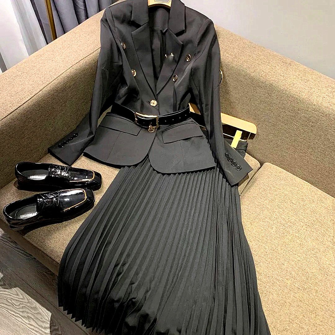 Con cintura! Set di abbigliamento donna autunno primavera moda ufficio cappotti da donna Blazer e gonne lunghe a pieghe eleganti Set di abiti NS87