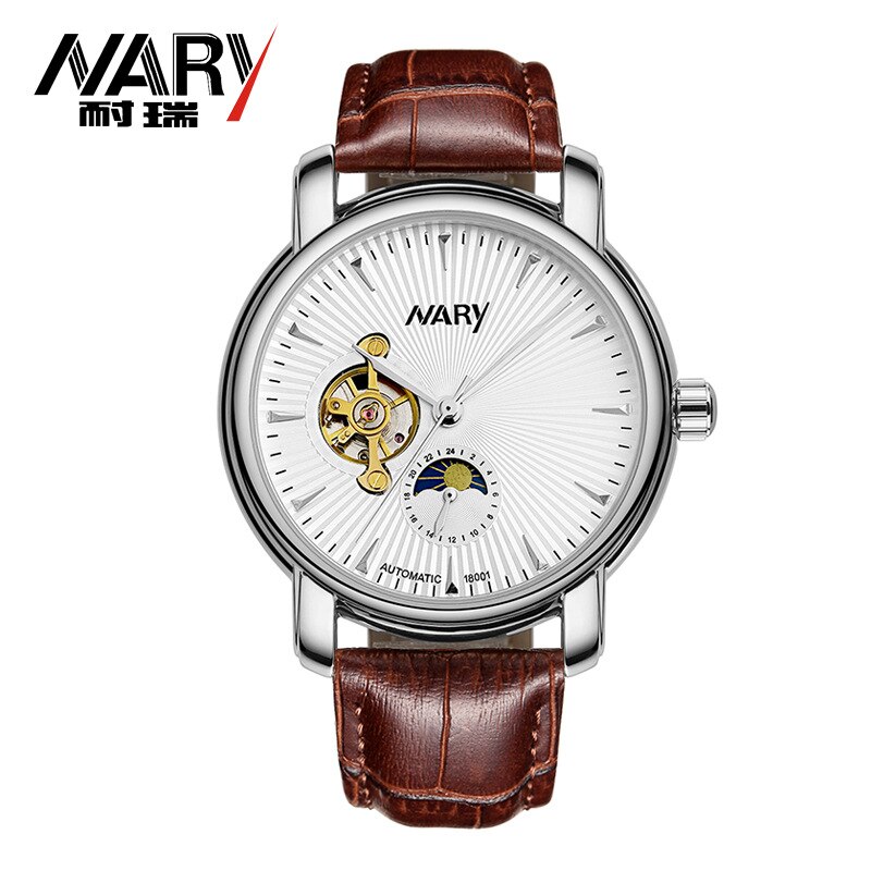 Nary/Nary Men'S Fully Automatic Analog Ch Leather Belt Hollow Out Moon And Stars Rproof 18001