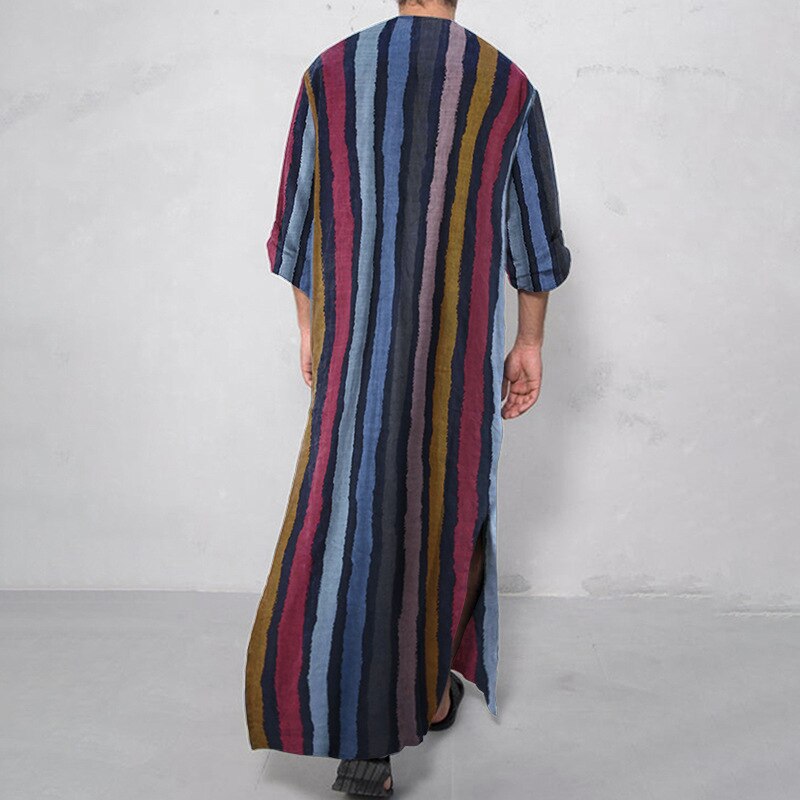 Mens Onesie Sleep Robes Loose Long Sleeve Striped One Piece Pajamas Casual Homewear Nightgown Mens Bathrobes Jumpsuit Nightwear