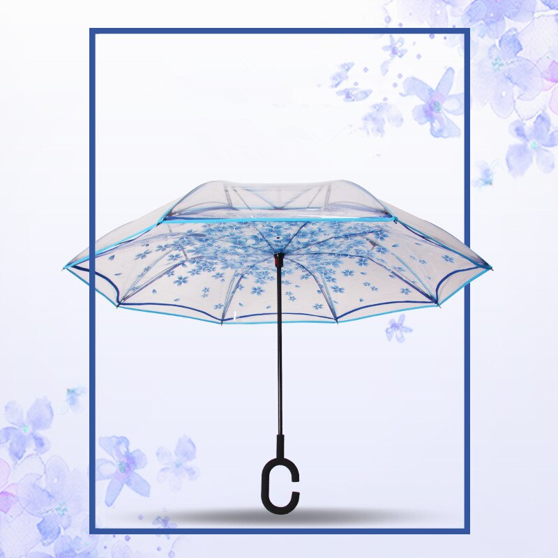 Gennemsigtig vindtæt omvendt foldning dobbeltlags paraply omvendt selvstående regnbeskyttelse c-krog hænder paraply til bil
