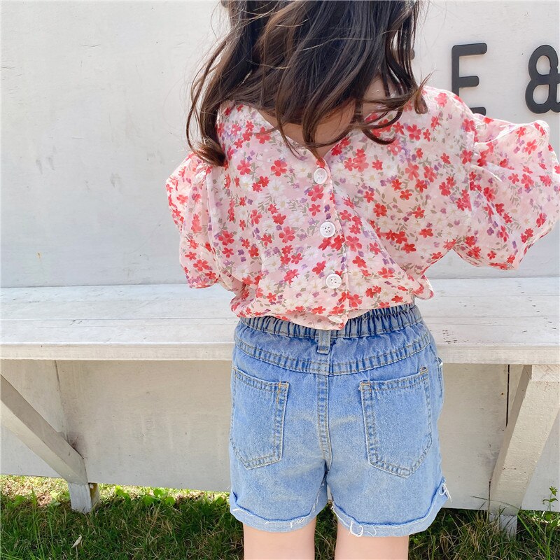 Wlg piger bluser børn sommer korte ærmer blomsterprintet fede søde skjorter baby pige smukke toppe til 1-6 år