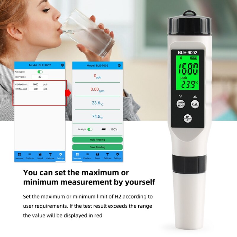 H2/TEMP Meter 0-2990 Ppb Blue Tooth-Compatible Mobile APP Real-Time Monitoring Hydrogen Lon Water Monitor Tester