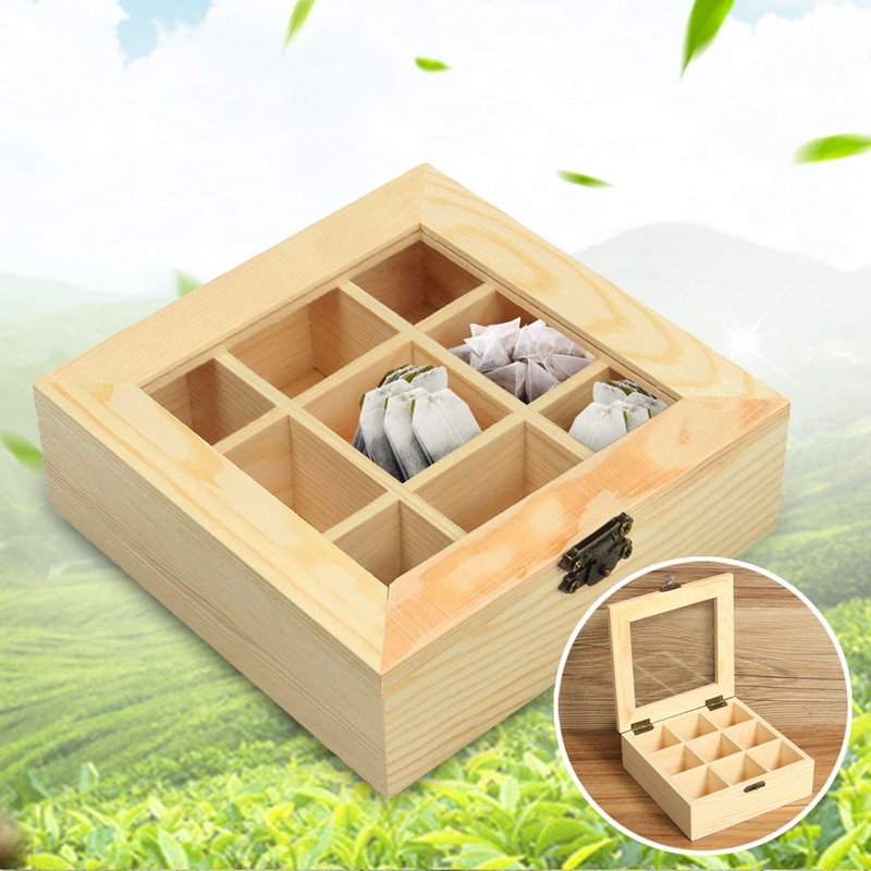 Træ tepose smykker arrangør kiste opbevaringsboks 9 rum te boks arrangør træ sukker pakke beholder