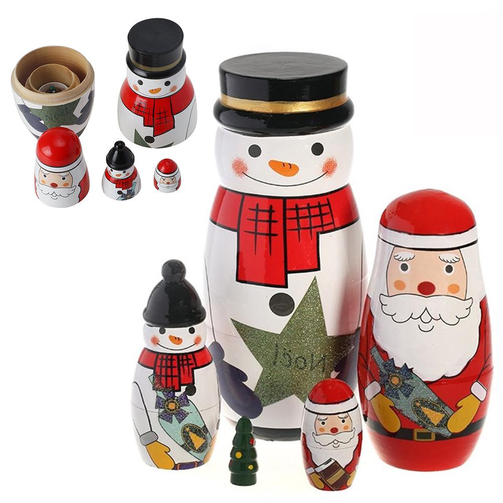 5 stks/set Houten Russische Matroesjka Sneeuwpop Kerstman Nestelen Pop Craft
