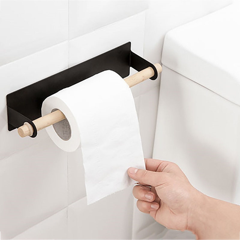 Soportes de papel sin perforar, Portarrollos de papel autoadhesivo, estante colgante de almacenamiento de madera para toallas, estante de cocina y baño