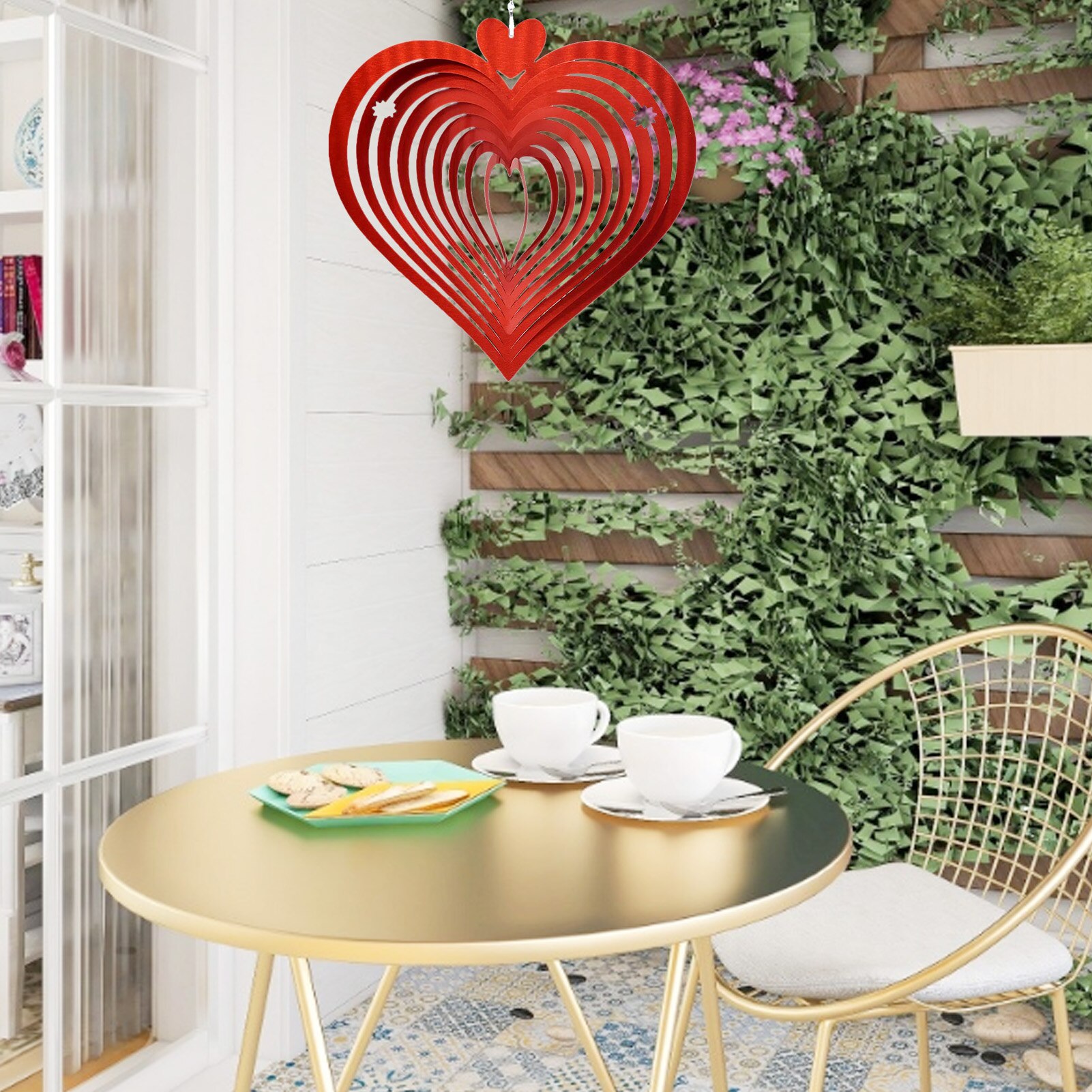 Stainless Steel Wind Spinner 3D Silent Rotating Heart-Shaped Wind Chime Indoor Window Hanging Ornament Outdoor Garden Decoration
