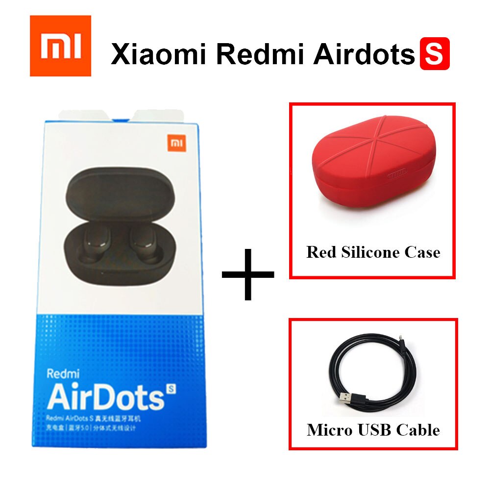 Original Xiaomi Redmi Airdots S TWS Bluetooth 5.0 Earphone Stereo Bass With Mic Handsfree Earbuds Noise reduction TWSEJ05LS: Add USB Red Case