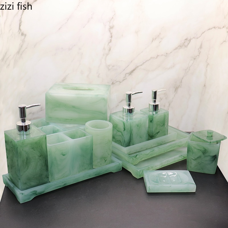 Ensemble d'accessoires de salle de bain vert Texture émeraude, fournitures de bain Imitation Jade, distributeur de savon Portable, tasse de bouche, outils de bain en résine