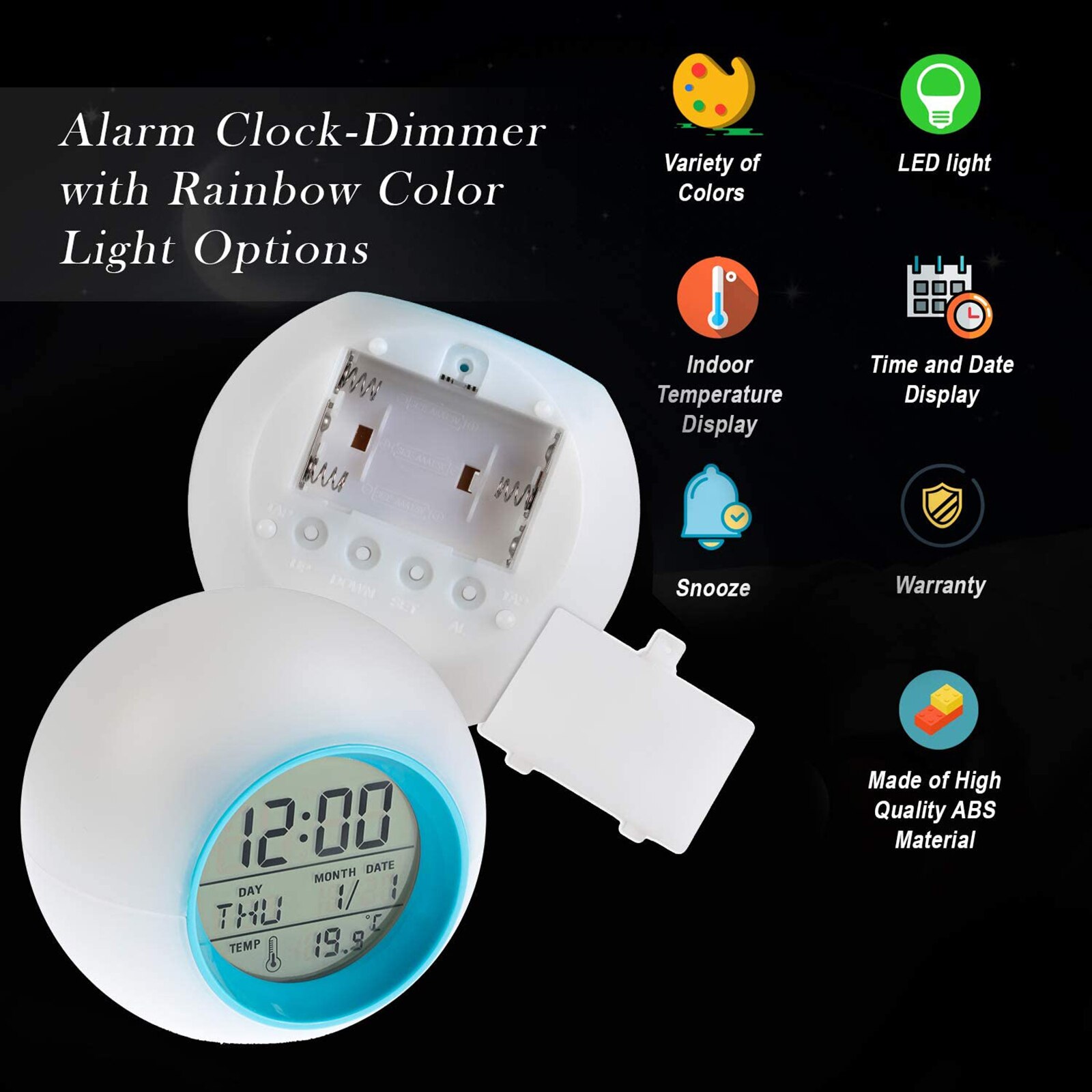 Round Colorful Alarm Clock Digital Clocks Multi-color Temperature Display With Night Light Screen Backlight Manual