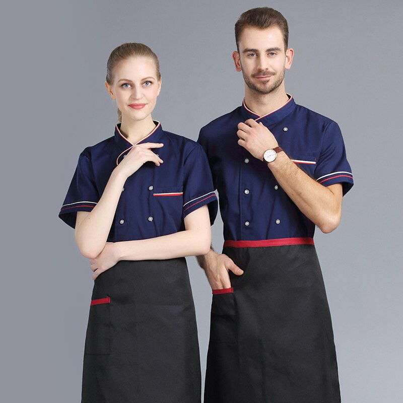 Summer cooks clothing restaurant uniforms shirts chef jacket restaurant workwear men women kitchen uniform: Blue / L